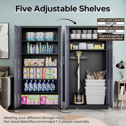 Metal Garage Cabinets, 72" Tall Locking Storage Cabinets with 2 Doors and 5 Adjustable Shelves, Steel Utility Tool Cabinet, Lockable Outdoor Storage Cabinet for Pantry, Garage, Home Office