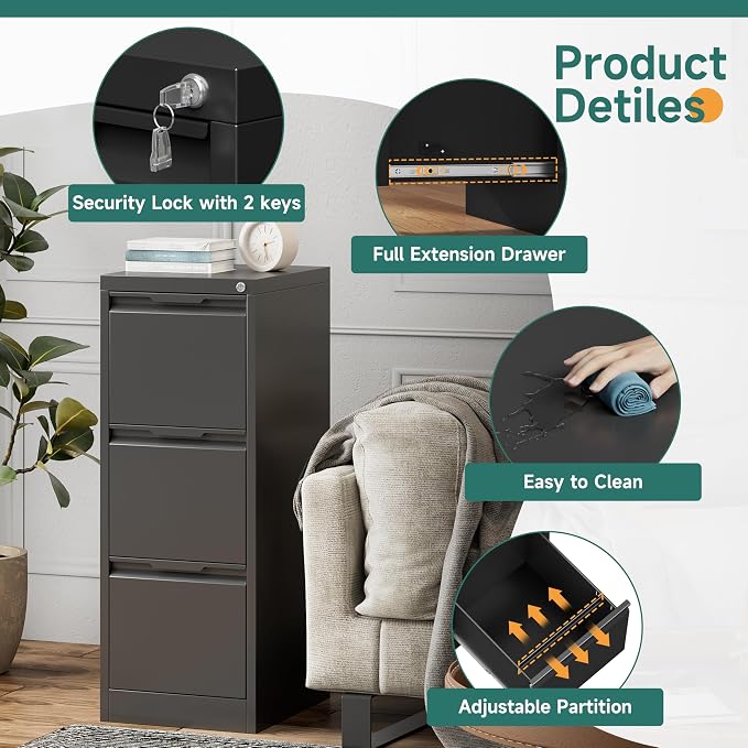3 Drawer File Cabinet with Lock for Home Office | Small Metal Filing Cabinet, Under Desk, Vertical Organizer, Legal/Letter Size File, Easy Assembly