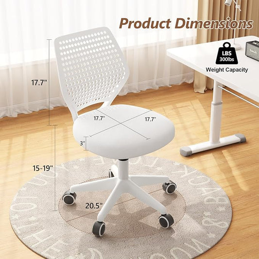 Small Office Chair with Wheels, Armless Desk Chair Height Adjustable Swivel Rolling Task Chair Breathable Mesh Ergonomic Computer Work Chair for Adult, White