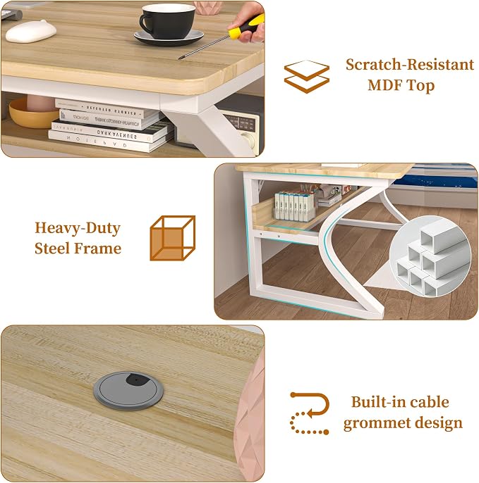 55 X 23.6'' Computer Desk, Home Office Desks w/Shelf Storage, Computer Desk w/Metal Frame, Cable Management, Study Student Desk Writing Work Table Deeper & Thicker Desktop for Home Bedroom