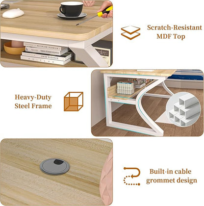 55 inch Computer Desk, Home Office Desk with Storage Shelf, Sturdy U-Shaped Metal Frame Study Table with Cable Management, Gaming Desk for Office & Bedroom (Light Walnut, 55inch)
