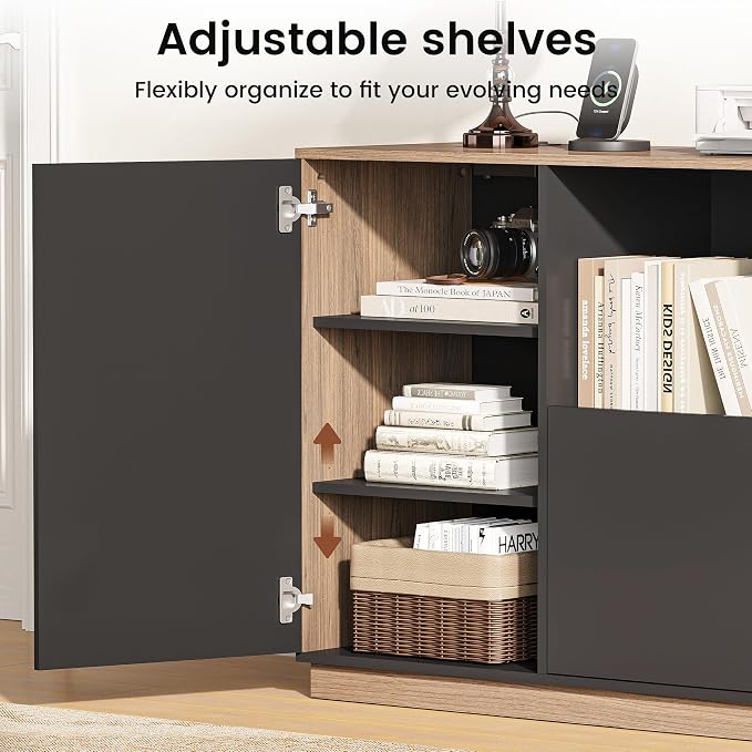 ModernMate File Cabinet with 5 Drawer & Charging Station, 47.2" Office Storage Cabinet with Door & Adjustable Shelves, Printer Stand with Open Shelf for Home Office, Fits A4/Letter Size, Black Walnut