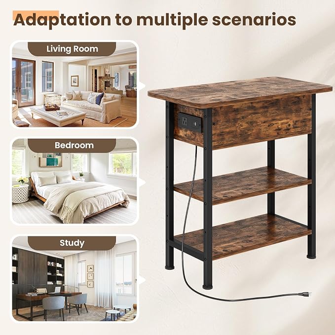 GRUSIGN End Table with Charging Station, Flip Top Side Table with USB Ports and Outlets, 3-Tier Small Side Table with Storage for Small Space, End Tables for Living Room/Bedroom, Brown
