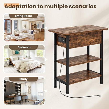 GRUSIGN End Table with Charging Station, Flip Top Side Table with USB Ports and Outlets, 3-Tier Small Side Table with Storage for Small Space, End Tables for Living Room/Bedroom, Brown