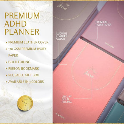ADHD Daily Planner for Neurodivergent Adults – Premium Leather Productivity & Task Management Planner with Guided Focus Pages, 170gsm Paper, Gold Foiling & Gift Box – Undated | A5 (Salmon Pink)