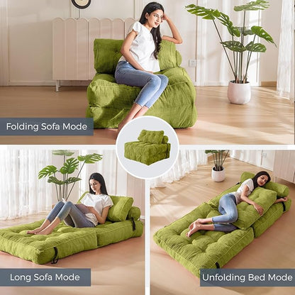 MAXYOYO Folding Sofa Bed, Convertible Chair with Pillow Foldable Couch with Back Support, Portable Fold Out Chair Bed Comfy Floor Sofa Lounge for Living Room Bedroom, Beige, Green