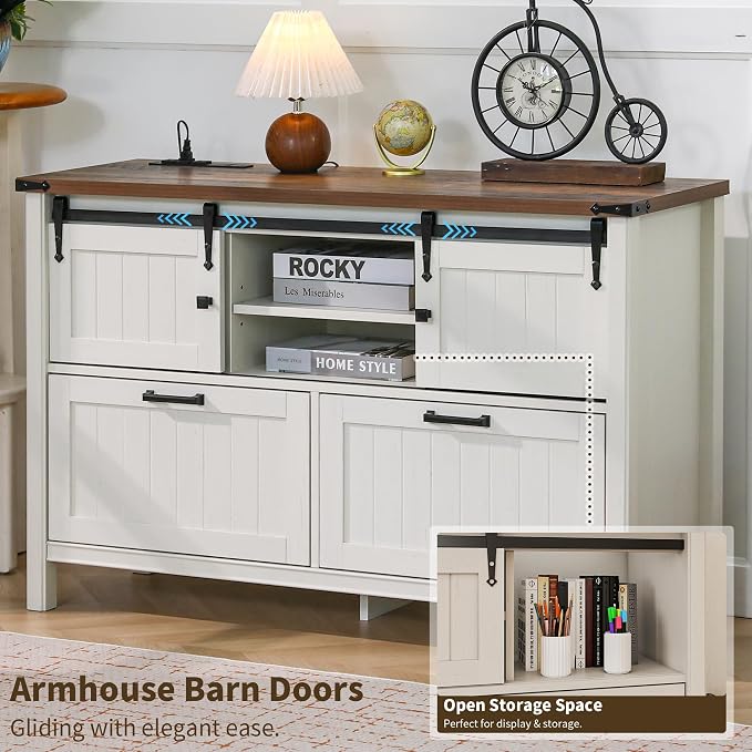 Lateral File Cabinet with Charging Station, Farmhouse Sliding Barn Doors & 2 Drawers, Antique White Printer Stand for Letter/A4/FC Hanging Folders
