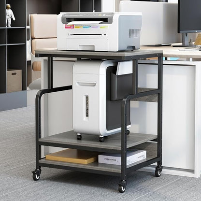 Large Printer Table with Storage, 3 Tier Printer Stand with Wheels, Printer Cart for Home Office, Desk for Printer, Paper Shredder, Scanner, Gray