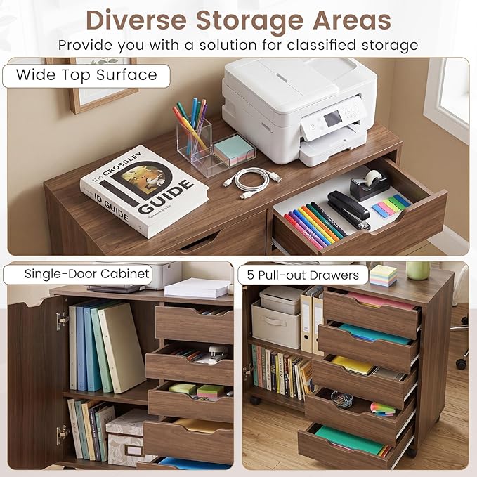 Giantex 5-Drawer File Cabinet with Wheels, Wooden Rolling Lateral Filing Cabinet with Door and Adjustable Shelf, Chest of Drawers, Mobile Printer Stand Organizer for Home Office and Bedroom (Coffee)