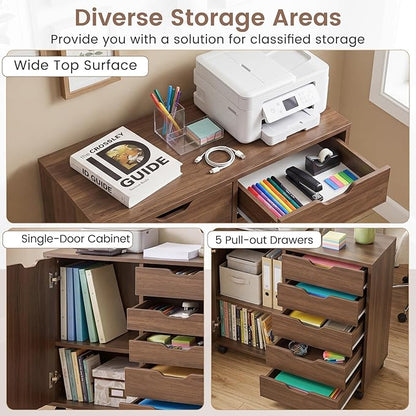 Giantex 5-Drawer File Cabinet with Wheels, Wooden Rolling Lateral Filing Cabinet with Door and Adjustable Shelf, Chest of Drawers, Mobile Printer Stand Organizer for Home Office and Bedroom (Coffee)