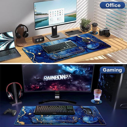 Desk Mat Blue, Large Gaming Mouse Pad with Wrist Rest, 4in1 XXL Mousepad+Keyboard Wrist Rest+Mouse Pad Wrist Support+Cup Coaster Set Ergonomic Computer Desk Arm Wrist for Decor Home Office Women