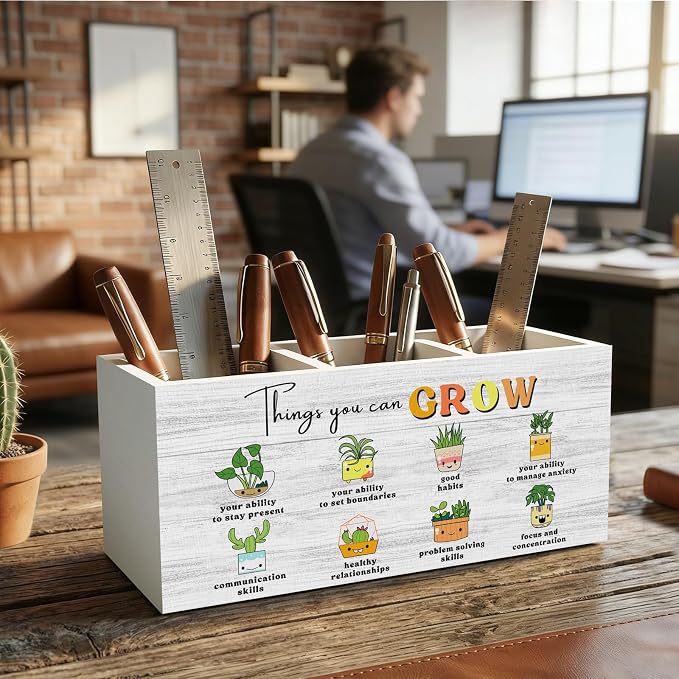 Boho Plant Classroom Pencil Pen Holder for Office Desk Organizer, Counseling Calming Office Wooden Box Decorations for Students College Boys Girls Teachers First Day of School