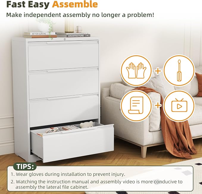 Lateral File Cabinet, 4 Drawer Lateral File Cabinet with Lock, Metal Lateral Filing Cabinet for Home Office, Office Organization Cabinet for Letter/Legal/F4/A4 Size