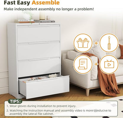 Lateral File Cabinet, 4 Drawer Lateral File Cabinet with Lock, Metal Lateral Filing Cabinet for Home Office, Office Organization Cabinet for Letter/Legal/F4/A4 Size