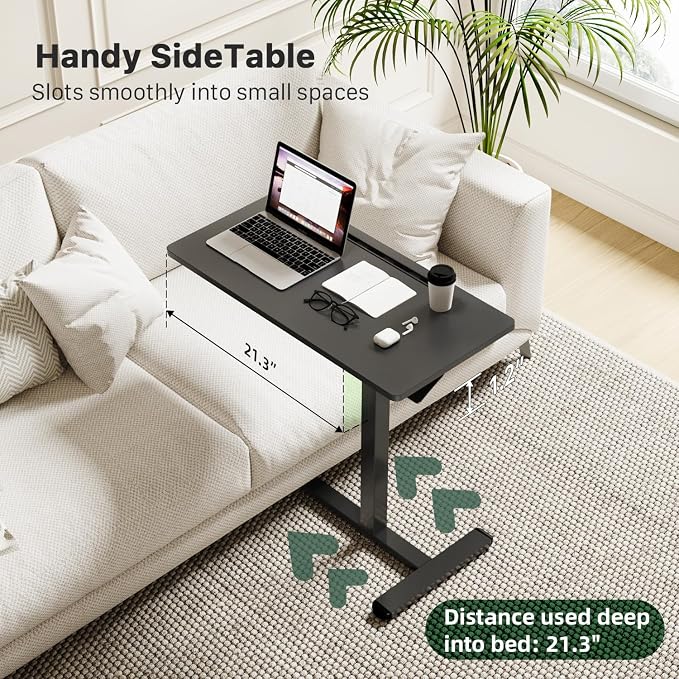 Gibbon Mounts Mobile Standing Desk, Pneumatic Adjustable Rolling Desk(31.5 Inches), Portable Laptop Desk with Wheels, Overbed Bedside Table Laptop Table for Couch, Home, Office, Black