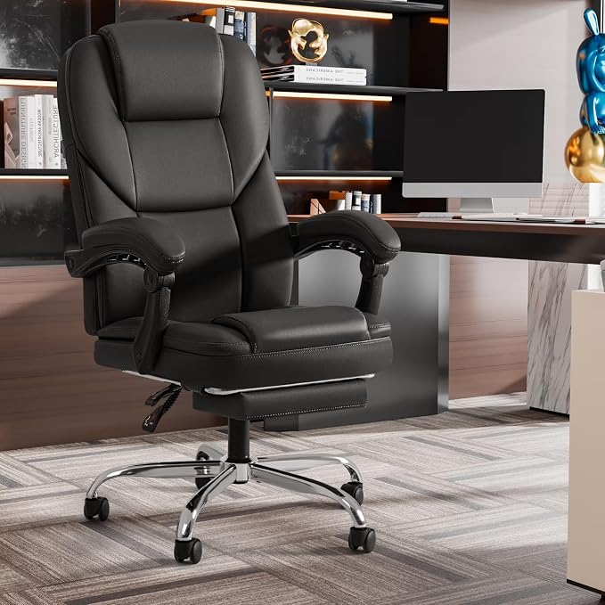 Shahoo Executive Office Chair with Massage, Ergonomic Reclining High Back Leather Seats with Footrest and Lumbar Support, Big and Tall, 400Lbs Heavy Duty, Dark Black