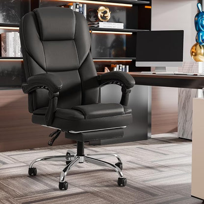 Shahoo Executive Office Chair with Massage, Ergonomic Reclining High Back Leather Seats with Footrest and Lumbar Support, Big and Tall, 400Lbs Heavy Duty, Dark Black