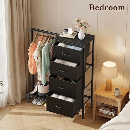 HIGDBFE Dresser with Hanging Rack, 4 Drawers Small Closet for Bedroom, Reversible Fabric Kids Chest of Drawers with Clothes Rack, Tall Storage Tower, Sturdy Frame, Black, 44''H