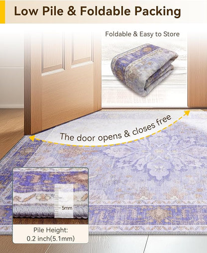 RELEANY Area Rugs Large 9'x12' Washable Non-Slip, Floral Vintage Distress Medallion Carpet for Living Room Bedroom Dining Room, Light Purple Brown
