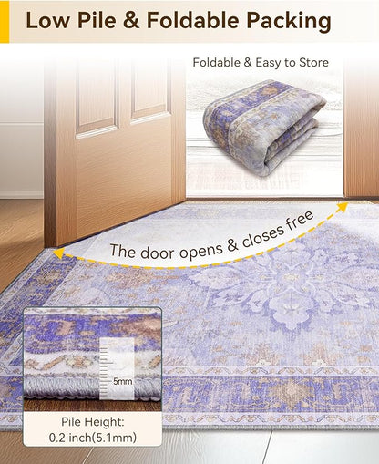 RELEANY Area Rugs 5'x8' Washable Non-Slip, Floral Vintage Distress Medallion Carpet for Living Room Bedroom Dining Room, Light Purple Brown