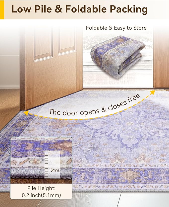 RELEANY Area Rugs Small 2'6"x4' Washable Non-Slip, Floral Vintage Distress Medallion Carpet for Kitchen Entryway Bathroom, Light Purple Brown
