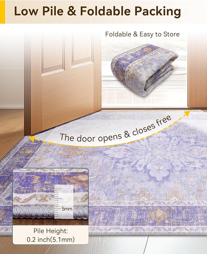 RELEANY Area Rugs Runner 2'6"x5' Washable Non-Slip, Floral Vintage Distress Medallion Carpet for Kitchen Hallway Bedroom Beside Laundry Room Bathroom, Light Purple Brown