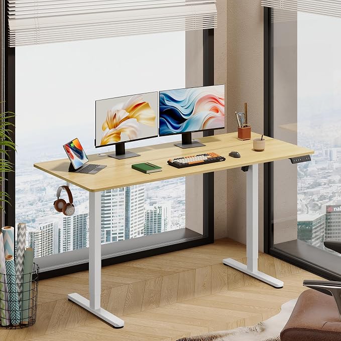 DEVAISE 63 Inch Electric Standing Desk, 3 Adjustable Computer Desk for Home Office, Ergonomic Sit to Stand Desk with LED Touchscreen，Headphone Hook, 3 Memory Preset, with Split Top, Maple