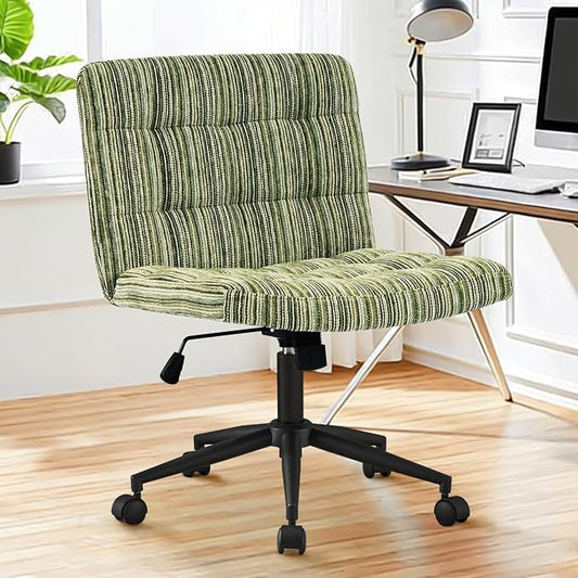 Furnimart 360° Swivel Criss Cross Desk Chair Extra-Thick Cushion, Premium Chenille Cross Legged Chair with Wide Seat & Wheels, Comfy Armless Home Office Chair for Bedroom, Vanity, Sturdy (Green)