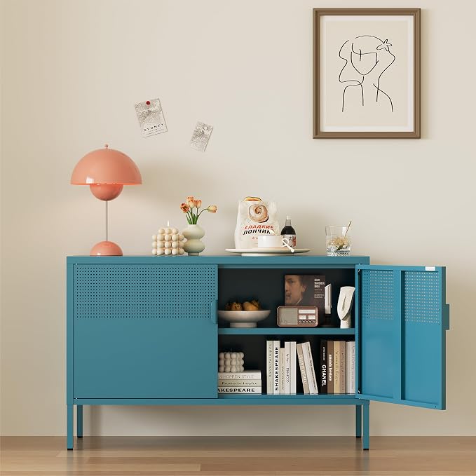 Metal Storage Cabinet,2 Door TV Stand, Metal Mesh Accent Cabinet,Magnetic Door Closure,Low Storage Cabinets with Doors and Shelves