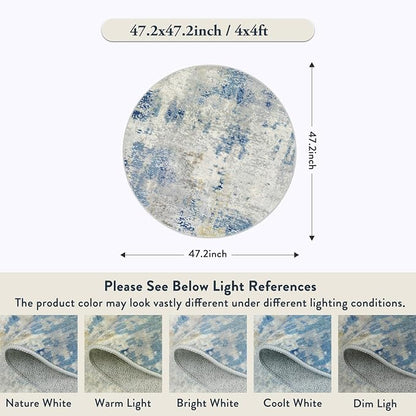 Lahome Modern Abstract Round Rug 4Ft, Blue Washable Front Door Mat Soft 4x4 Circle Rug for Entryway Bedroom Non Slip, Contemporary Indoor Floor Carpet for Living Room Sofa Bedroom Nursery Decor