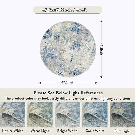 Lahome Modern Abstract Round Rug 4Ft, Blue Washable Front Door Mat Soft 4x4 Circle Rug for Entryway Bedroom Non Slip, Contemporary Indoor Floor Carpet for Living Room Sofa Bedroom Nursery Decor