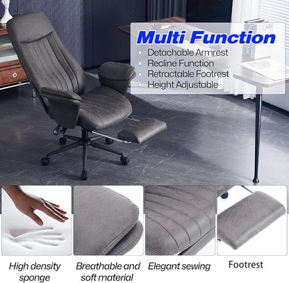 Home Office Ergonomic Chair with Footrest, Modern Luxury Faux Suede Leather Chairs, Comfy High Back Computer Swivel Rolling Task Armchair for Executive, Grey Color