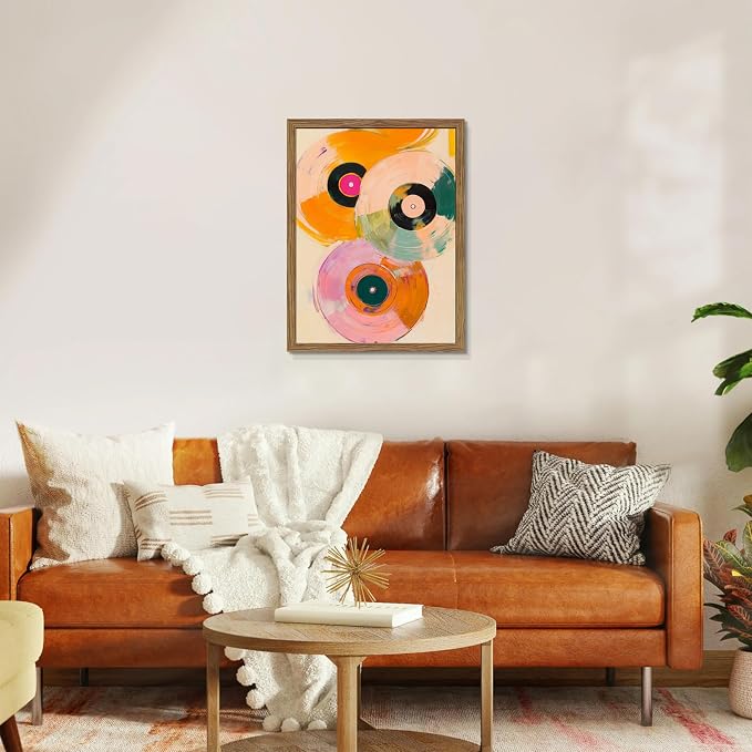 Vintage Vinyl Record Wall Art - Framed Canvas Music Decor for Living Room & Studio, Colorful Abstract Oil Painting in Wood Frame, Retro Record Player Print for Bedroom 16x24 inch