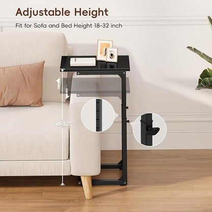 Vagusicc C-Shaped End Table for Couch, 33" Tall C Table Adjustable Height Side Table, Couch Side Tables with Metal Frame Slide Under Sofa, Sofa Table TV Tray for Living Room, Bedroom, Bedside, Black