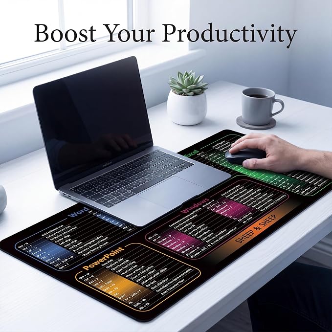 Excel Shortcut Keys Mouse Pad, Extended Large Desk Mat (31.5x11.8 Inch) with Non-Slip Base & Washable Surface for Gaming, Computer, Office Desk