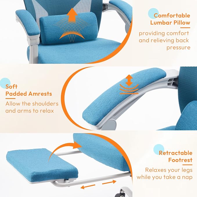 Ergonomic Desk Chair, High Back Office Chair with Wheels and Arms, Computer Chair with Footrest, Swivel Reclining Gaming Chair with Headrest, Comfy Armrest for Home, Office, Work, Study, Elegant Blue