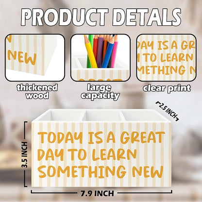 Inspirational Pen Pencil Holder Organizer for Desk, Motivational Gifts for Women, Today Is a Great Day to Learn Something New Wooden Box Sign for Home Office Desk Tabletop Decorations