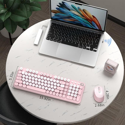 Wireless Keyboard and Mouse Combo, 2.4GHz USB Receiver, Plug and Play, Retro Full Size Typewriter Keyboard and Wireless Mouse for Computer, Laptop, Windows, Mac, and PC (Pink)