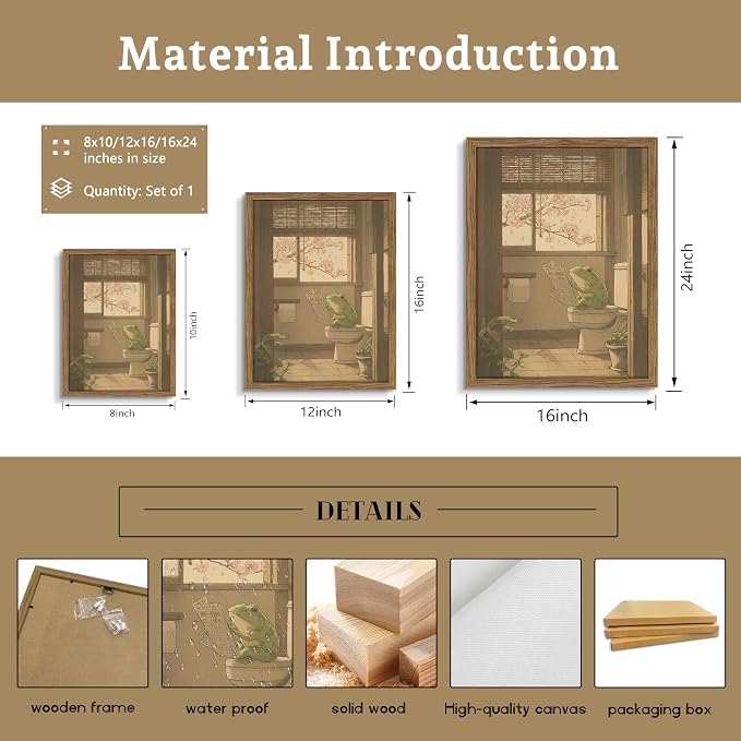 Framed Vintage Funny Bathroom Wall Art, Cute Frog Reading on Toilet Canvas Prints, Whimsical Japanese Style Animal Artwork, Retro Simple Wall Decor for Bathroom Bedroom Restroom 12x16in