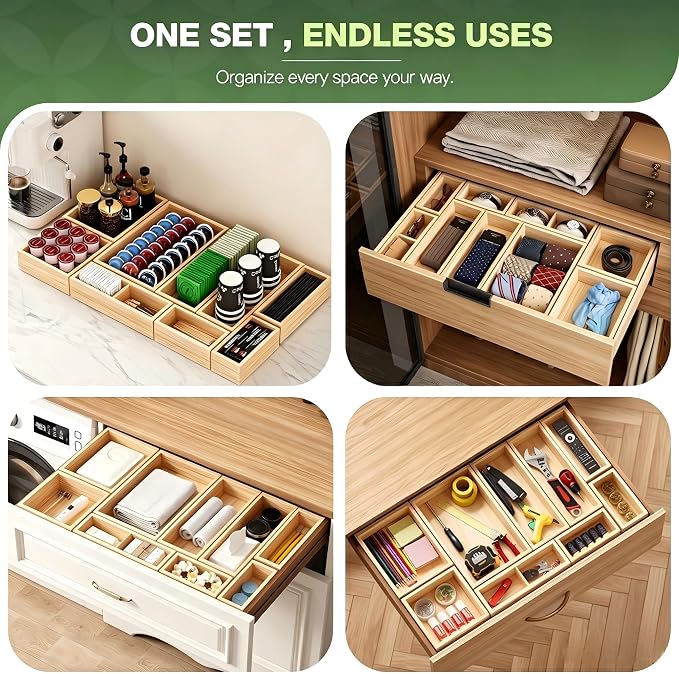 9-Pack Solid Wood Junk Drawer Organizer, Modular Desk Drawer Tray & Accessories with Non-Slip Pad, Multi-Use for Kitchen, Office, Bedroom Dresser, Utensil, Makeup, Stationery, Tea Bags & Coffee Pod