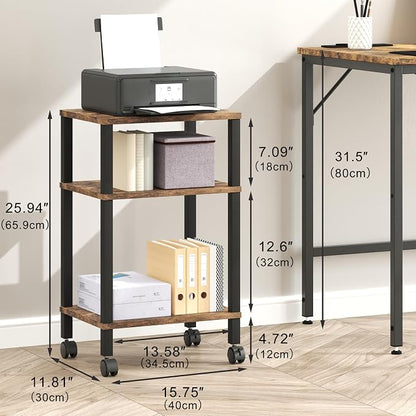 3-Tier Printer Stand with Storage, Mobile Printer Cart with Rolling Casters & Adjustable Feet, Under Desk Storage Shelf for Home Office, Small Printers,Rustic Brown, 15.7" x 11.8" x 25.9"