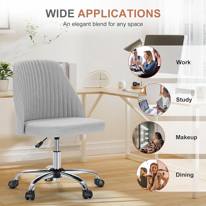 Sweetcrispy Armless Vanity Chair, Cute Comfy Home Office Desk Chair with Wheels, Modern Upholstered Task Computer Seat for Bedroom, Study, Makeup Vanity, Height Adjustable & Swivel, Classic Gray