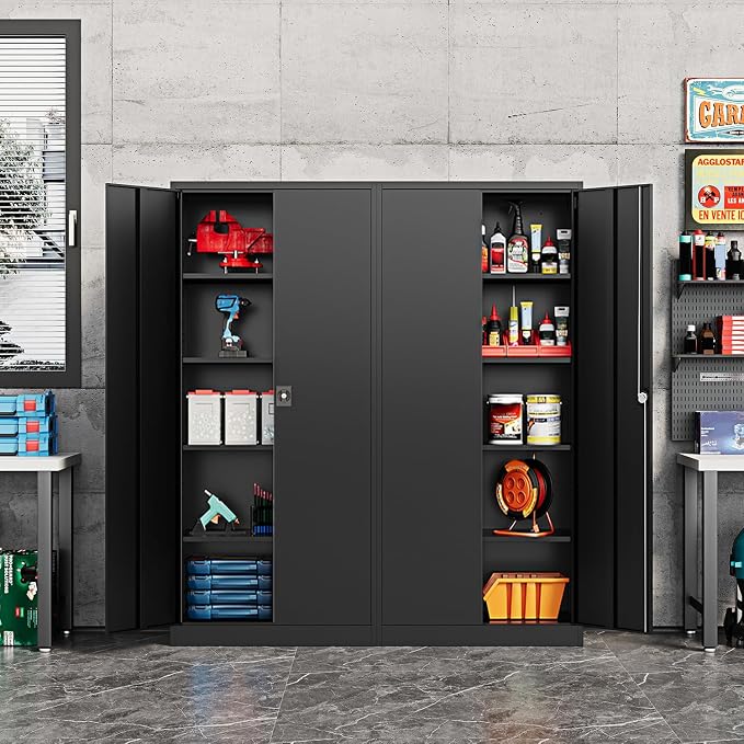 Fesbos Metal Storage Cabinet-72” Black Tall Steel File Cabinets with Lockable Doors and Adjustable Shelves-Black Steel Storage Cabinet for Kitchen, Office, Garage