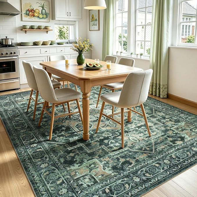 Lofus 5x7 Washable Rugs Non-Slip, Vintage Floral Area Rug for Living Room Bedroom Dining Room Kitchen, Low Pile Distress Print Carpet Home Decor Rug, Octagram Medallion Green