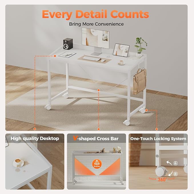 Mericonia 40 inch Rolling Computer Desk with Wheels, Gaming Desk for Small Spaces, Modern Simple Style Table for Home Office, Study Writing Table