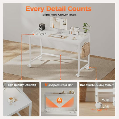 Mericonia 40 inch Rolling Computer Desk with Wheels, Gaming Desk for Small Spaces, Modern Simple Style Table for Home Office, Study Writing Table