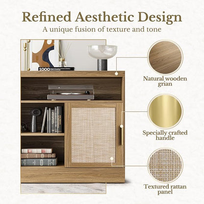 Rattan File Cabinet with Sliding Door, 32'' Lateral File Cabinet with Open Adjustable Shelves, Wood Filing Cabinet for Home Office, Natural Oak