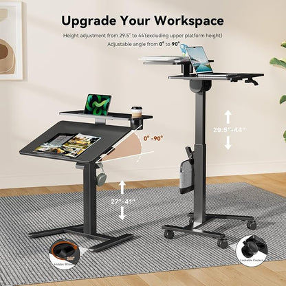 28Inch Rolling Standing Desk On Wheels， Small Computer Workstation Adjustable Height， Mobile Laptop Stand with Tiltable Desktop， 2-Tier Portable Study Table with Storage Shelves， Black