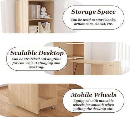 Folding Out Desk with Storage Shelves, Convertible Murphy Table, Expandable Hidden Computer Desks, Pull Out Home Office Desk with Mobile Wheels, Hidden Writing Desks for Small Spaces (Natural Wood)