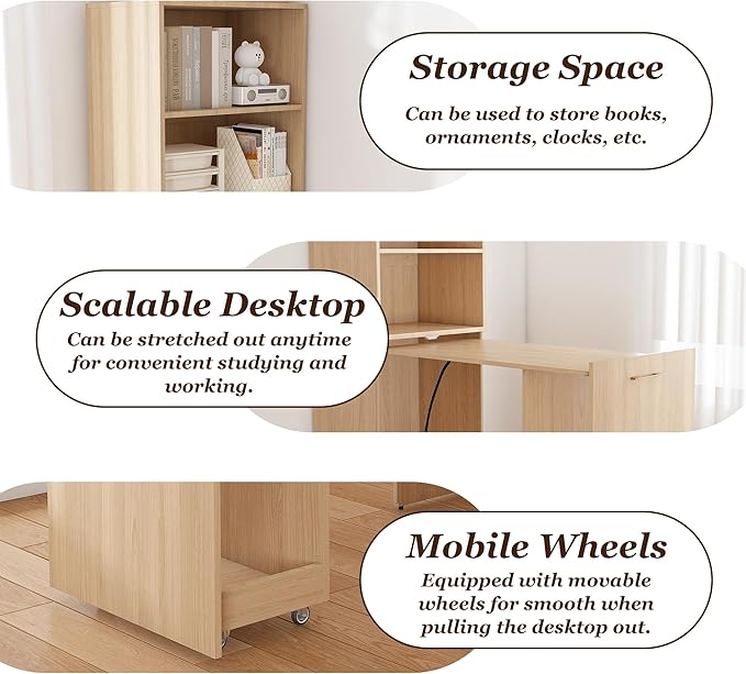 Foldable Expandable Desk Cabinet with Storage Shelves, Rolling Caster Base, Magnetic Closure, Retractable Workstation Unit for Small Spaces, Home Office Study Writing Table Organizer (Natural Wood)